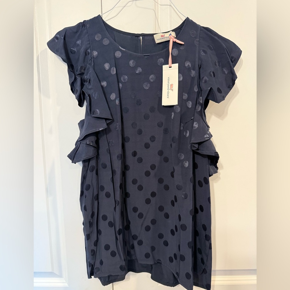 Vineyard Vines Navy Blue  Polka Dot Blouse Ruffle Sleeve NWT